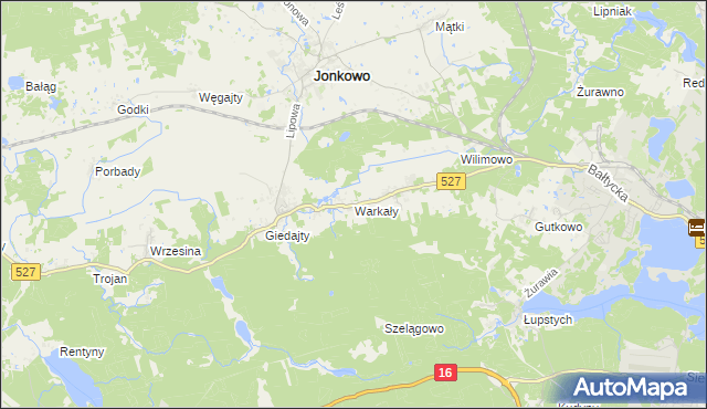 mapa Warkały gmina Jonkowo, Warkały gmina Jonkowo na mapie Targeo