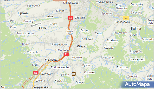 mapa Wieprz gmina Radziechowy-Wieprz, Wieprz gmina Radziechowy-Wieprz na mapie Targeo