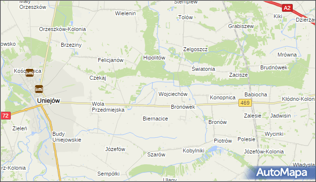 mapa Wojciechów gmina Wartkowice, Wojciechów gmina Wartkowice na mapie Targeo