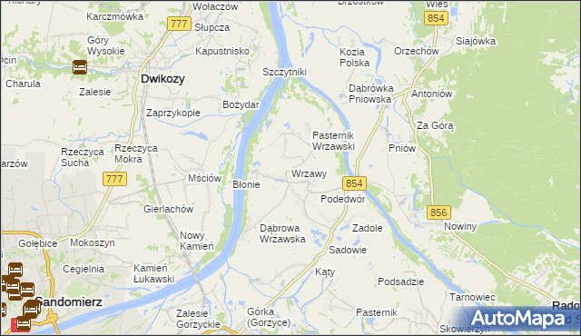 mapa Wrzawy gmina Gorzyce, Wrzawy gmina Gorzyce na mapie Targeo