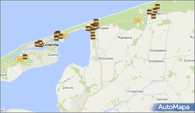 mapa Wrzosowo gmina Kamień Pomorski, Wrzosowo gmina Kamień Pomorski na mapie Targeo