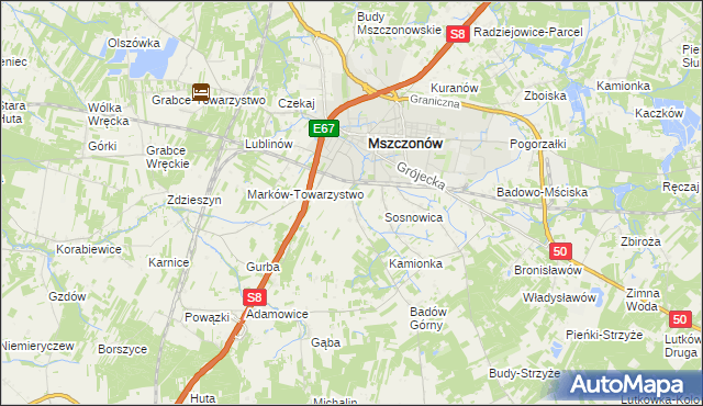 mapa Wymysłów gmina Mszczonów, Wymysłów gmina Mszczonów na mapie Targeo