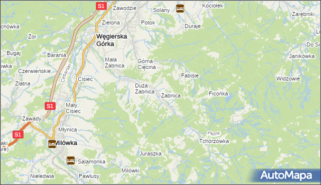 mapa Żabnica gmina Węgierska Górka, Żabnica gmina Węgierska Górka na mapie Targeo