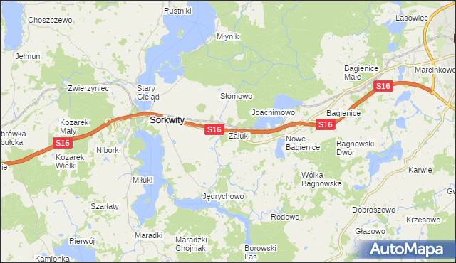 mapa Załuki gmina Sorkwity, Załuki gmina Sorkwity na mapie Targeo