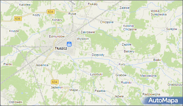 mapa Dzięcioły gmina Tłuszcz, Dzięcioły gmina Tłuszcz na mapie Targeo