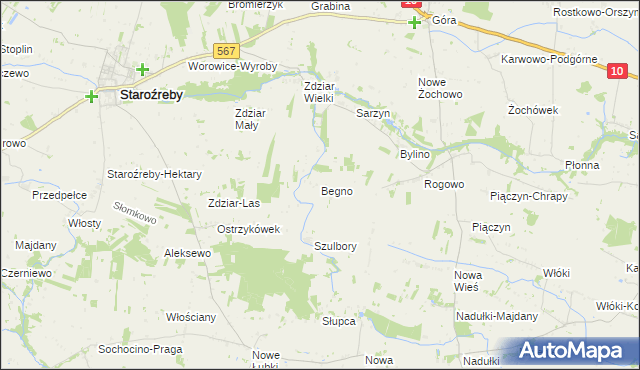 mapa Begno gmina Staroźreby, Begno gmina Staroźreby na mapie Targeo