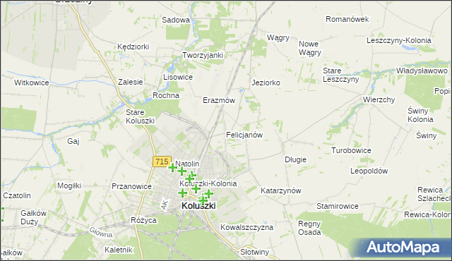 mapa Felicjanów gmina Koluszki, Felicjanów gmina Koluszki na mapie Targeo