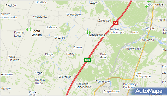 mapa Galonki gmina Dobryszyce, Galonki gmina Dobryszyce na mapie Targeo