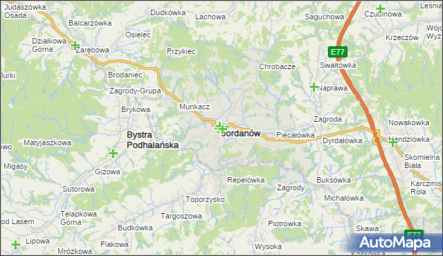 mapa Jordanów powiat suski, Jordanów powiat suski na mapie Targeo