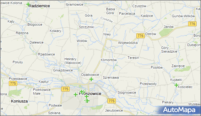 mapa Klimontów gmina Proszowice, Klimontów gmina Proszowice na mapie Targeo