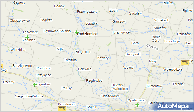 mapa Kowary gmina Radziemice, Kowary gmina Radziemice na mapie Targeo