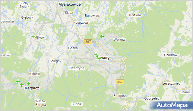 mapa Kowary powiat jeleniogórski, Kowary powiat jeleniogórski na mapie Targeo