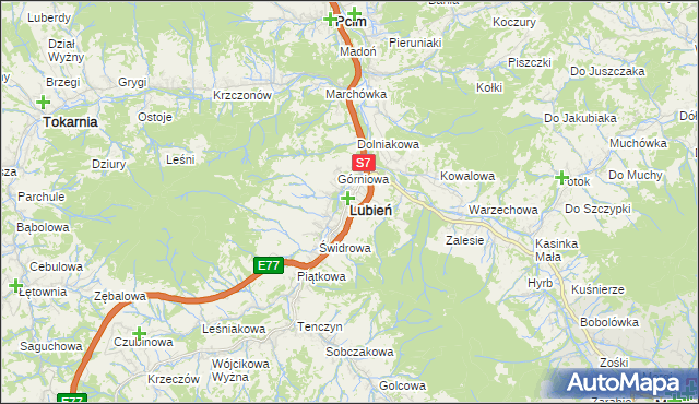 mapa Lubień powiat myślenicki, Lubień powiat myślenicki na mapie Targeo