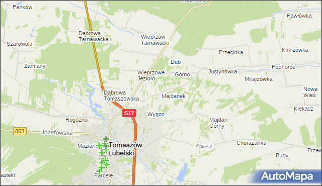 mapa Majdanek gmina Tomaszów Lubelski, Majdanek gmina Tomaszów Lubelski na mapie Targeo