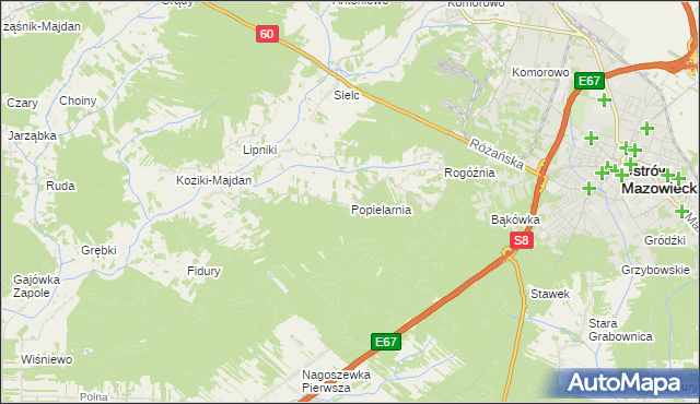 mapa Popielarnia gmina Ostrów Mazowiecka, Popielarnia gmina Ostrów Mazowiecka na mapie Targeo