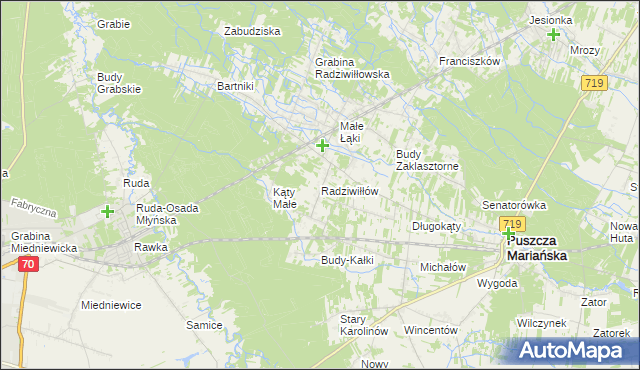 mapa Radziwiłłów gmina Puszcza Mariańska, Radziwiłłów gmina Puszcza Mariańska na mapie Targeo