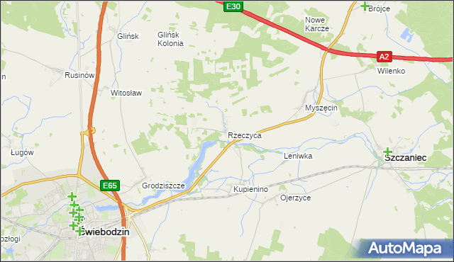 mapa Rzeczyca gmina Świebodzin, Rzeczyca gmina Świebodzin na mapie Targeo