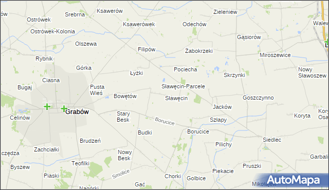 mapa Sławęcin gmina Grabów, Sławęcin gmina Grabów na mapie Targeo