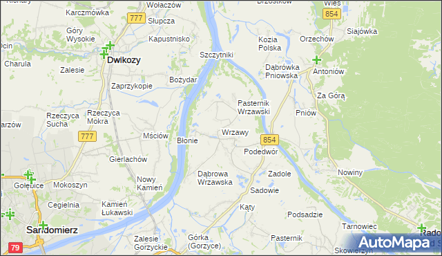 mapa Wrzawy gmina Gorzyce, Wrzawy gmina Gorzyce na mapie Targeo