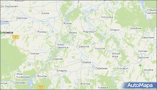 mapa Zawonia gmina Chlewiska, Zawonia gmina Chlewiska na mapie Targeo