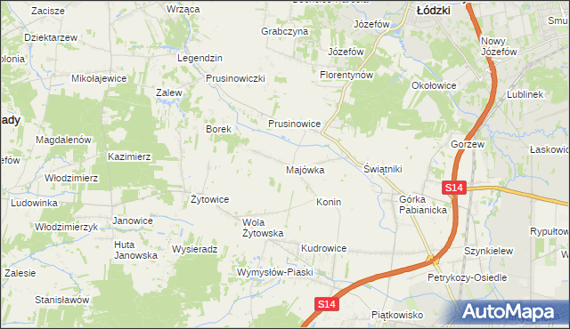 mapa Majówka gmina Pabianice, Majówka gmina Pabianice na mapie Targeo