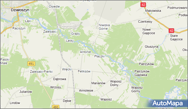 mapa Płaczki gmina Popów, Płaczki gmina Popów na mapie Targeo