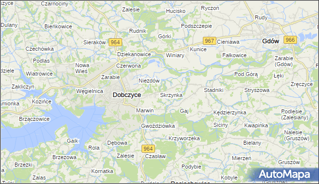 mapa Skrzynka gmina Dobczyce, Skrzynka gmina Dobczyce na mapie Targeo