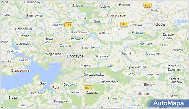 mapa Skrzynka gmina Dobczyce, Skrzynka gmina Dobczyce na mapie Targeo