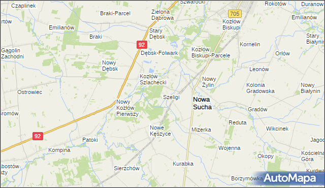 mapa Szeligi gmina Nowa Sucha, Szeligi gmina Nowa Sucha na mapie Targeo