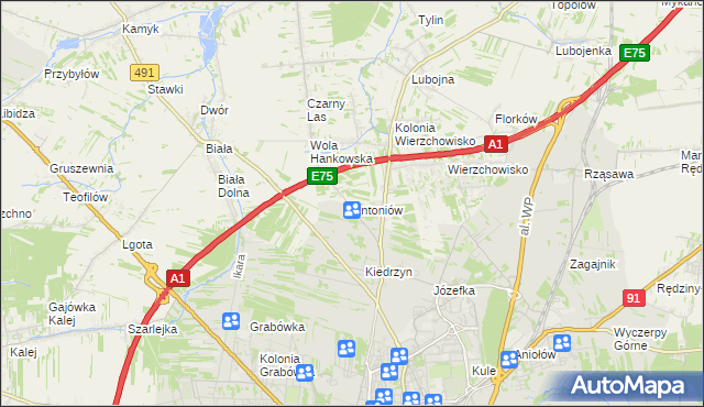 mapa Antoniów gmina Mykanów, Antoniów gmina Mykanów na mapie Targeo