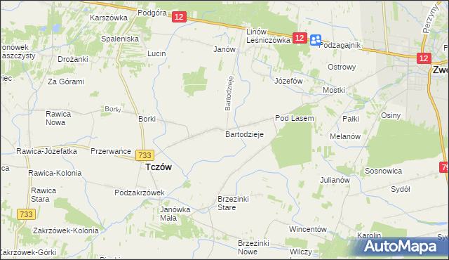 mapa Bartodzieje gmina Tczów, Bartodzieje gmina Tczów na mapie Targeo