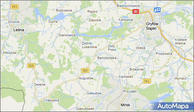 mapa Bartoszówka gmina Leśna, Bartoszówka gmina Leśna na mapie Targeo