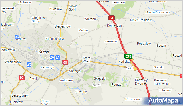 mapa Bielawki gmina Kutno, Bielawki gmina Kutno na mapie Targeo