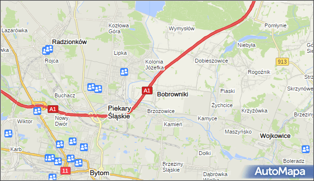 mapa Bobrowniki powiat będziński, Bobrowniki powiat będziński na mapie Targeo