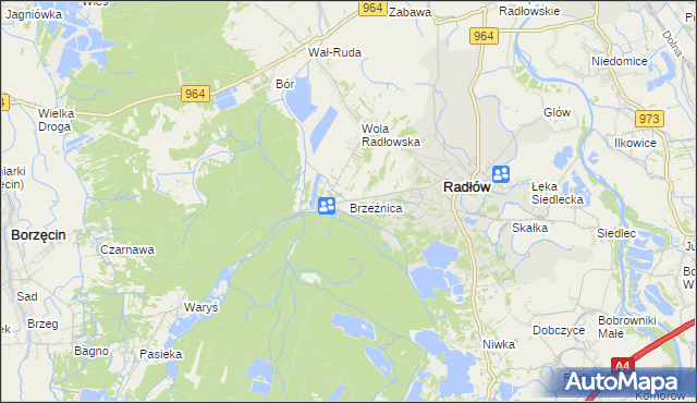 mapa Brzeźnica gmina Radłów, Brzeźnica gmina Radłów na mapie Targeo