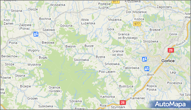mapa Bystra gmina Gorlice, Bystra gmina Gorlice na mapie Targeo