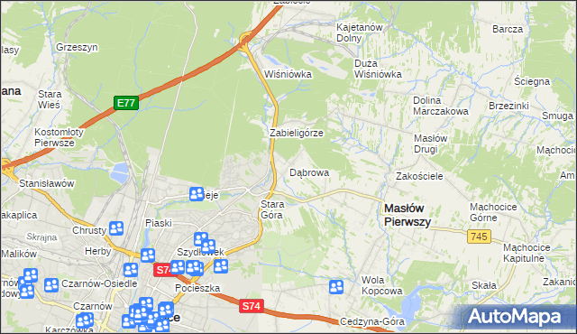 mapa Dąbrowa gmina Masłów, Dąbrowa gmina Masłów na mapie Targeo