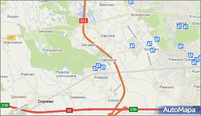 mapa Dąbrówka gmina Dopiewo, Dąbrówka gmina Dopiewo na mapie Targeo