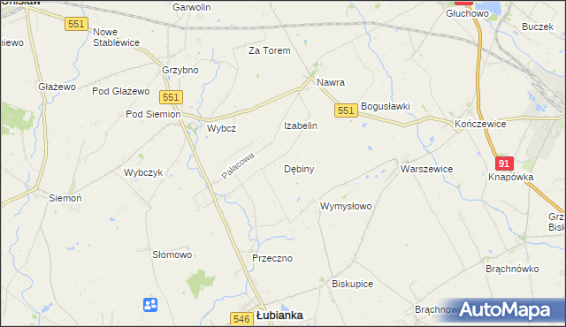 mapa Dębiny gmina Łubianka, Dębiny gmina Łubianka na mapie Targeo
