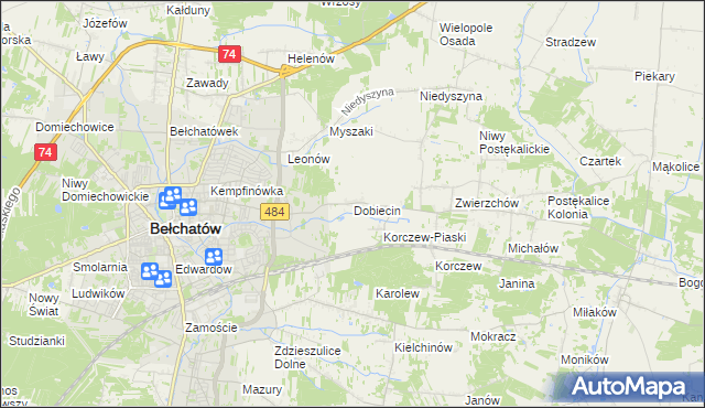 mapa Dobiecin gmina Bełchatów, Dobiecin gmina Bełchatów na mapie Targeo