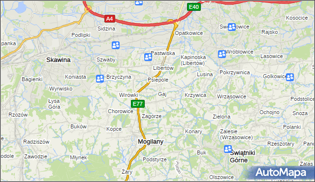 mapa Gaj gmina Mogilany, Gaj gmina Mogilany na mapie Targeo