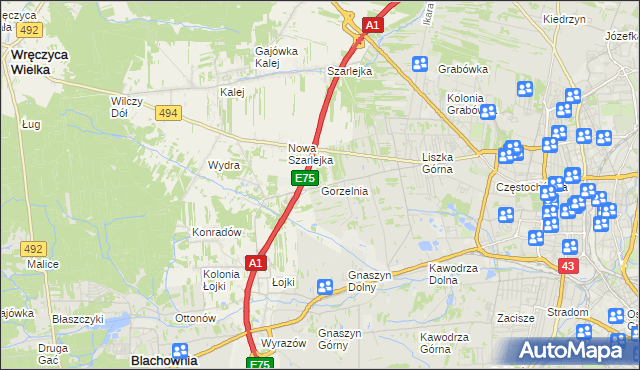 mapa Gorzelnia gmina Blachownia, Gorzelnia gmina Blachownia na mapie Targeo