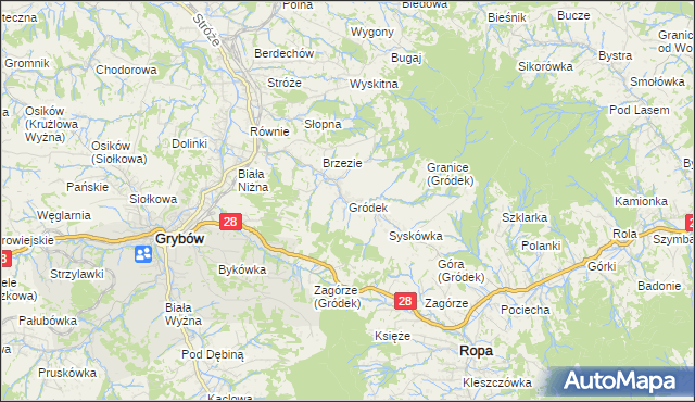 mapa Gródek gmina Grybów, Gródek gmina Grybów na mapie Targeo