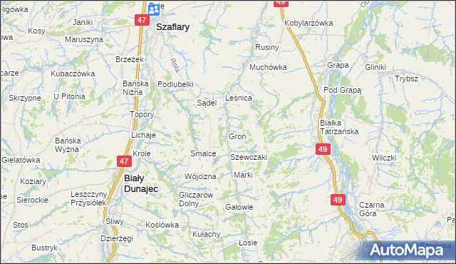 mapa Groń gmina Bukowina Tatrzańska, Groń gmina Bukowina Tatrzańska na mapie Targeo