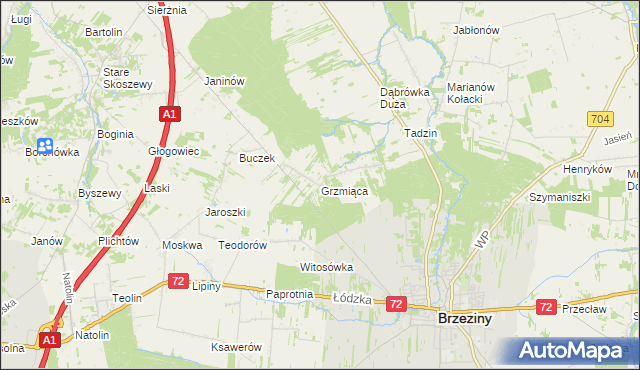 mapa Grzmiąca gmina Brzeziny, Grzmiąca gmina Brzeziny na mapie Targeo