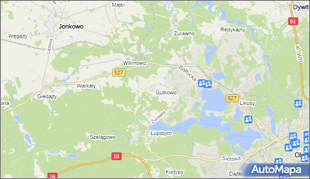 mapa Gutkowo gmina Jonkowo, Gutkowo gmina Jonkowo na mapie Targeo