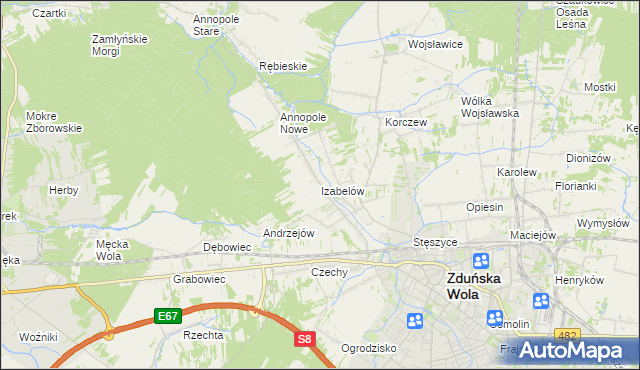 mapa Izabelów gmina Zduńska Wola, Izabelów gmina Zduńska Wola na mapie Targeo