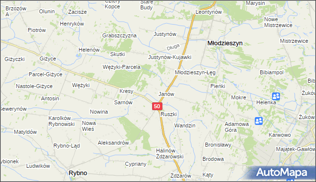 mapa Janów gmina Młodzieszyn, Janów gmina Młodzieszyn na mapie Targeo