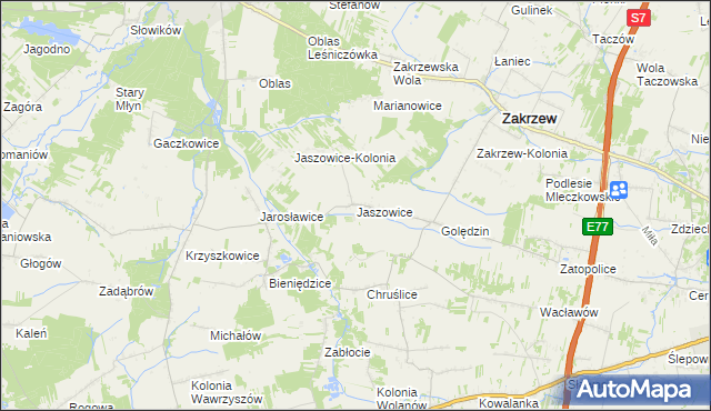 mapa Jaszowice gmina Zakrzew, Jaszowice gmina Zakrzew na mapie Targeo