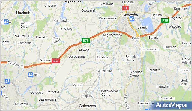 mapa Kisielów gmina Goleszów, Kisielów gmina Goleszów na mapie Targeo